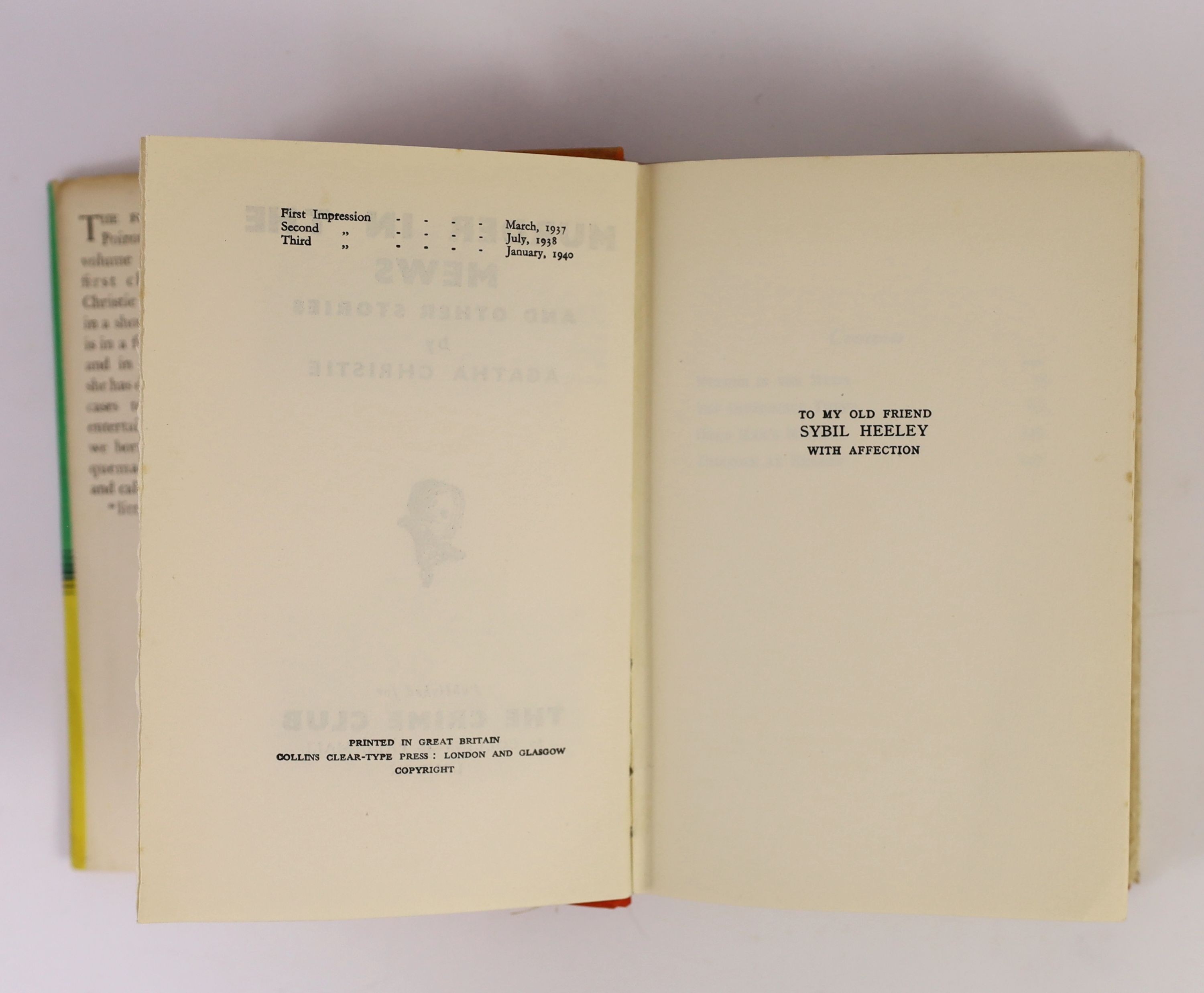 Christie, Agatha - Towards Zero, 1st edition, 8vo, cloth, in torn, unclipped d/j, ownership inscription to front fly leaf, The Crime Club, London, 1944 and Murder in the Mews, 3rd impression, 8vo, cloth, in unclipped d/j